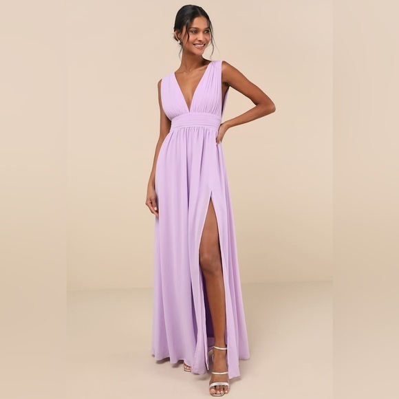 New Lulus Heavenly Hues Lavender Chiffon Plunge Maxi Dress Sleeveless Slit Large